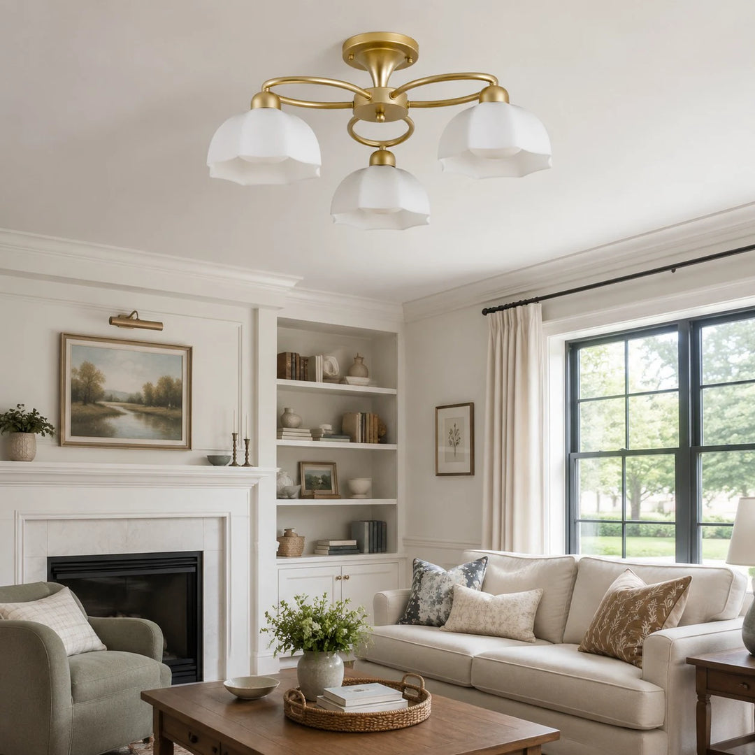 3-light ceiling fixture in a bright living room