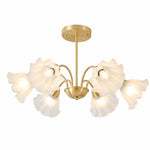 Cargar imagen en el visor de la Galería, Solid brass six-arm floral glass chandelier on a white background