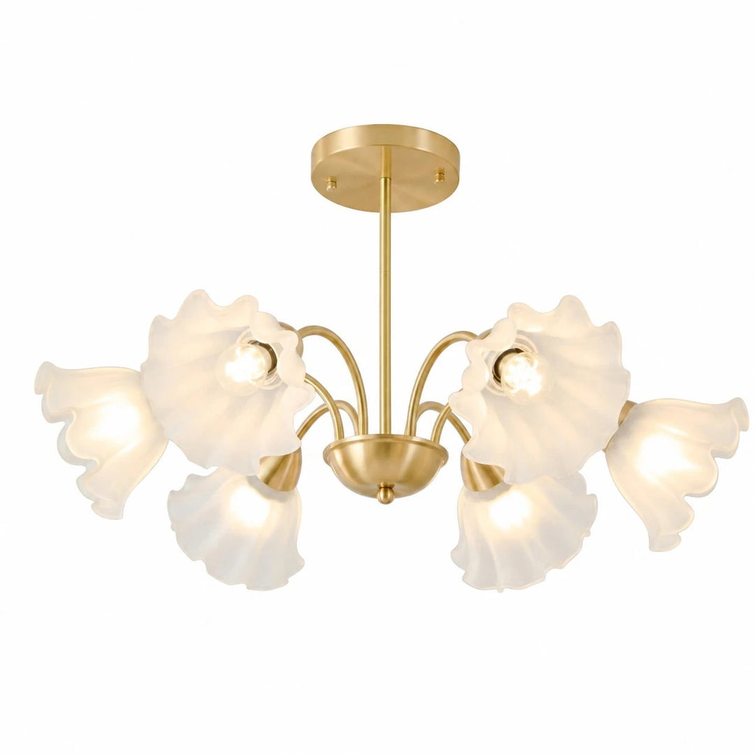 Solid brass six-arm floral glass chandelier on a white background