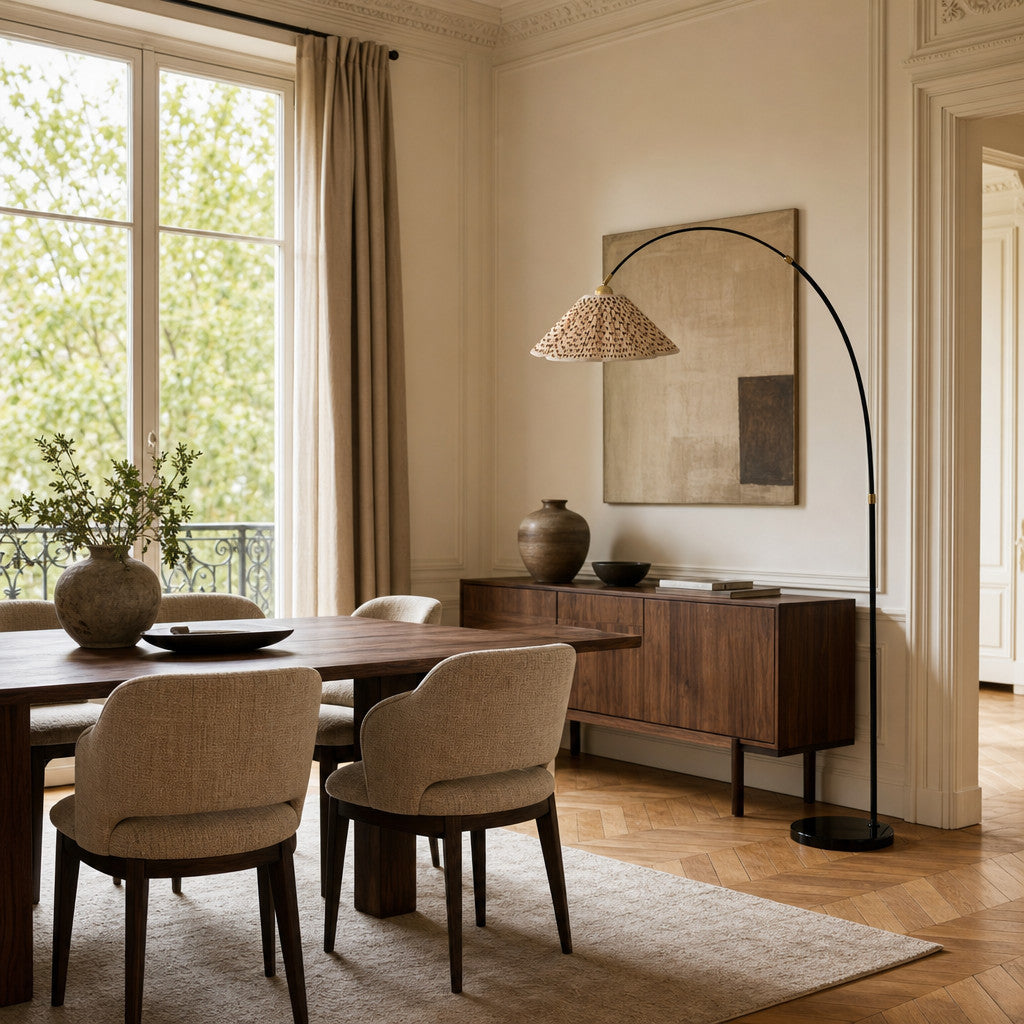 Veslin French Style Floral Arc Floor Lamp - Pleated Fabric Floor Light for Bedroom