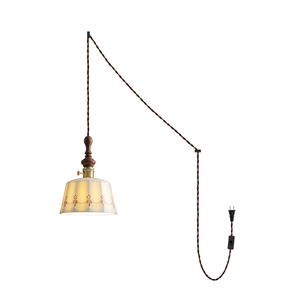 Wood Finial Ceramic Plug-In Swag Pendant