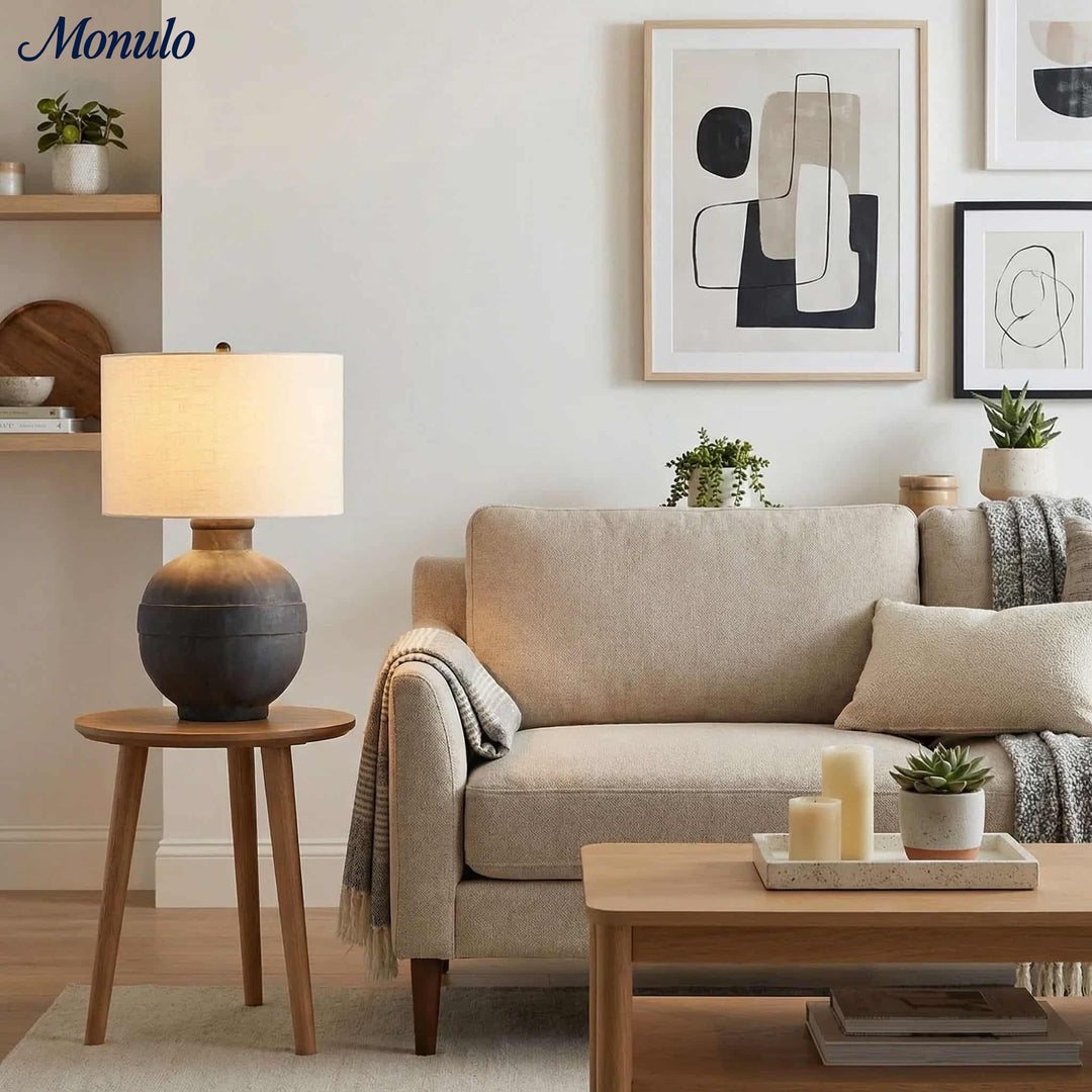 Lampe de table Ceruna à base en céramique texturée avec abat-jour en tissu - Éclairage moderne de chevet pour chambre à coucher