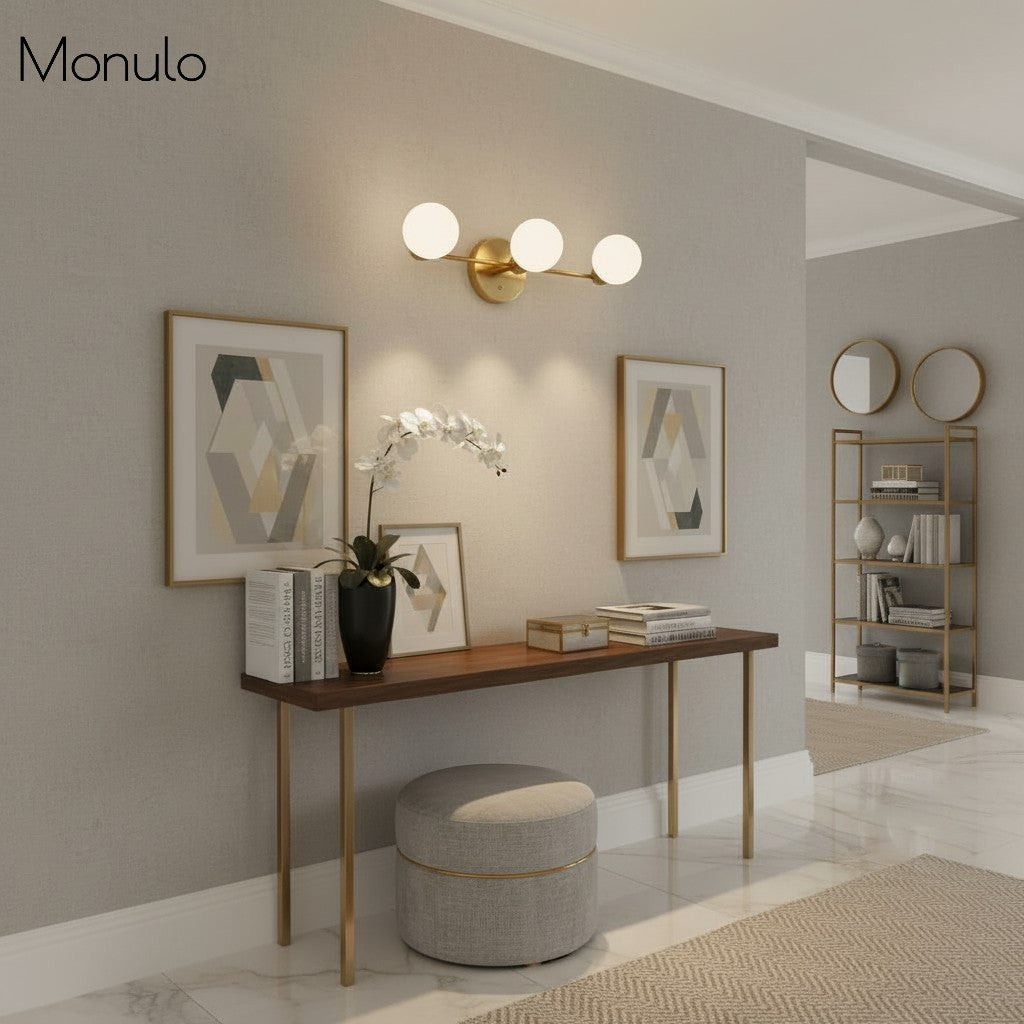 Glorica Glass Sleek Globe Vanity Light – Modern Industrial Three-Bulb Wall Sconce for Bathroom & Hallway