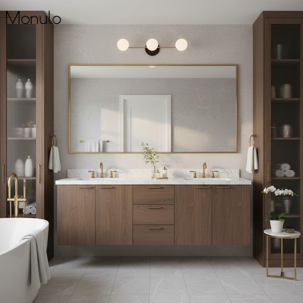 Glorica Glass Sleek Globe Vanity Light – Modern Industrial Three-Bulb Wall Sconce for Bathroom & Hallway