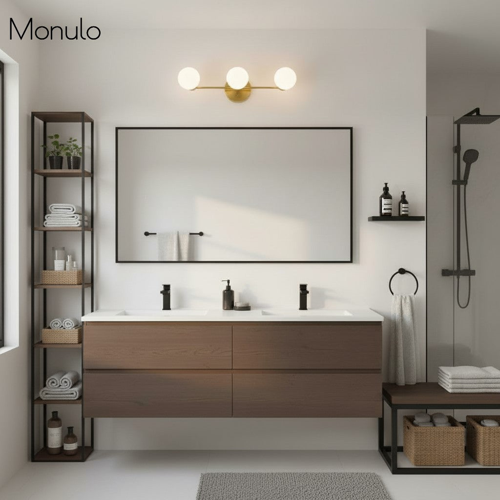 Glorica Glass Sleek Globe Vanity Light – Modern Industrial Three-Bulb Wall Sconce for Bathroom & Hallway