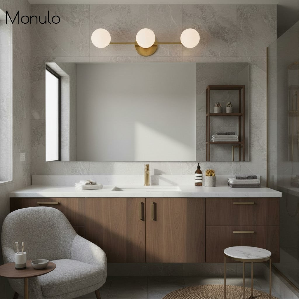 Glorica Glass Sleek Globe Vanity Light – Modern Industrial Three-Bulb Wall Sconce for Bathroom & Hallway