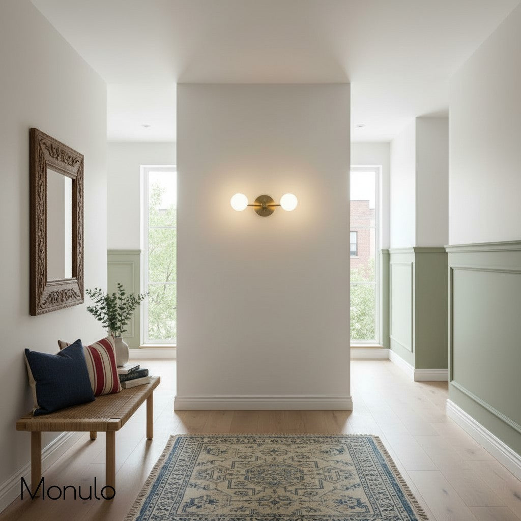 Glorica Glass Minimalist Metal Arm Globe Wall Sconce – Mid-Century Vanity Lighting for Mirror & Hallway