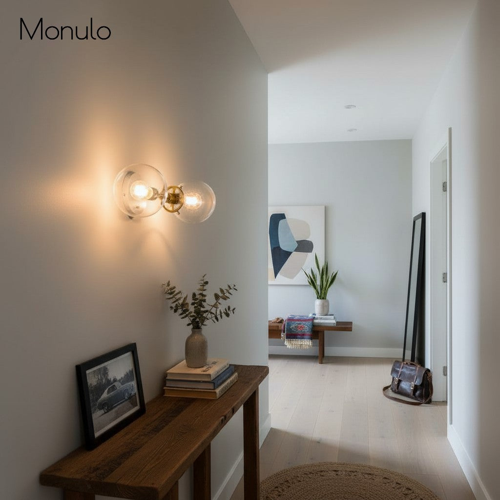 Aplique de pared Lumio Globe de cristal transparente – Lámpara de pared moderna de estilo industrial para tocador y pasillo