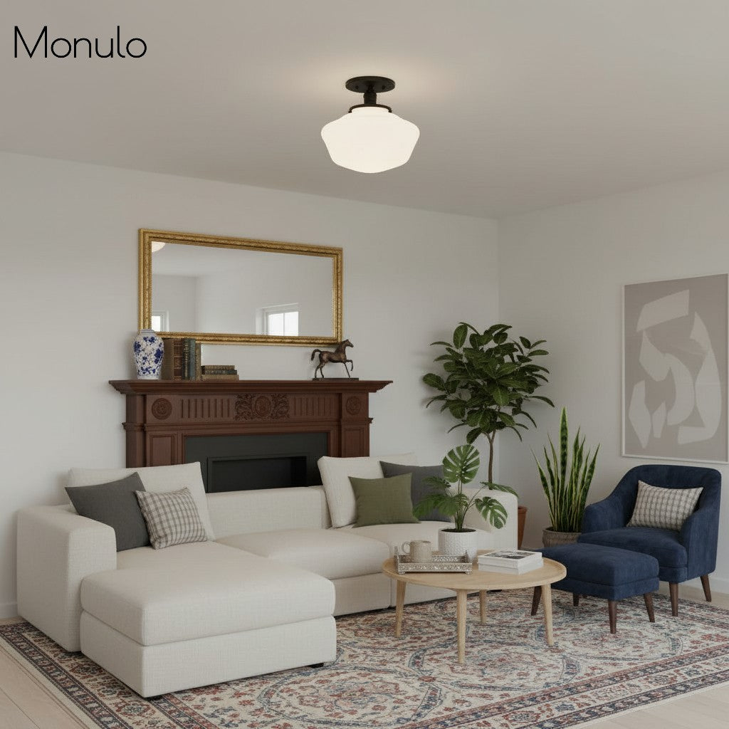 Geotower Rounded Opal Glass Schoolhouse Ceiling Light – Mid-Century Style – Bedroom & Hallway Fixture