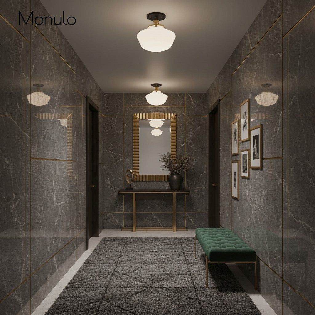 Geotower Rounded Opal Glass Schoolhouse Ceiling Light – Mid-Century Style – Bedroom & Hallway Fixture