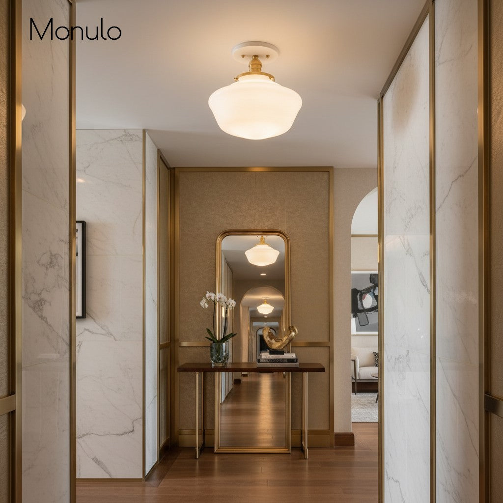 Geotower Rounded Opal Glass Schoolhouse Ceiling Light – Mid-Century Style – Bedroom & Hallway Fixture