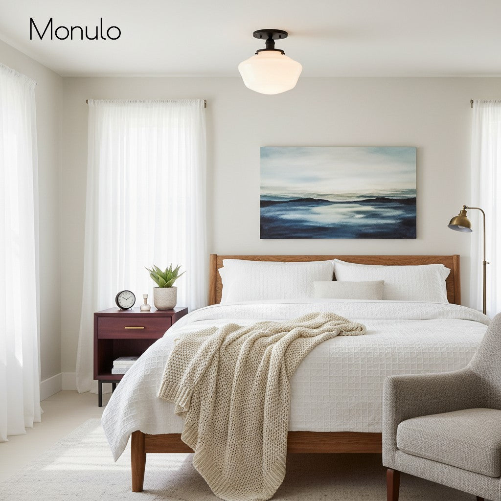 Geotower Rounded Opal Glass Schoolhouse Ceiling Light – Mid-Century Style – Bedroom & Hallway Fixture