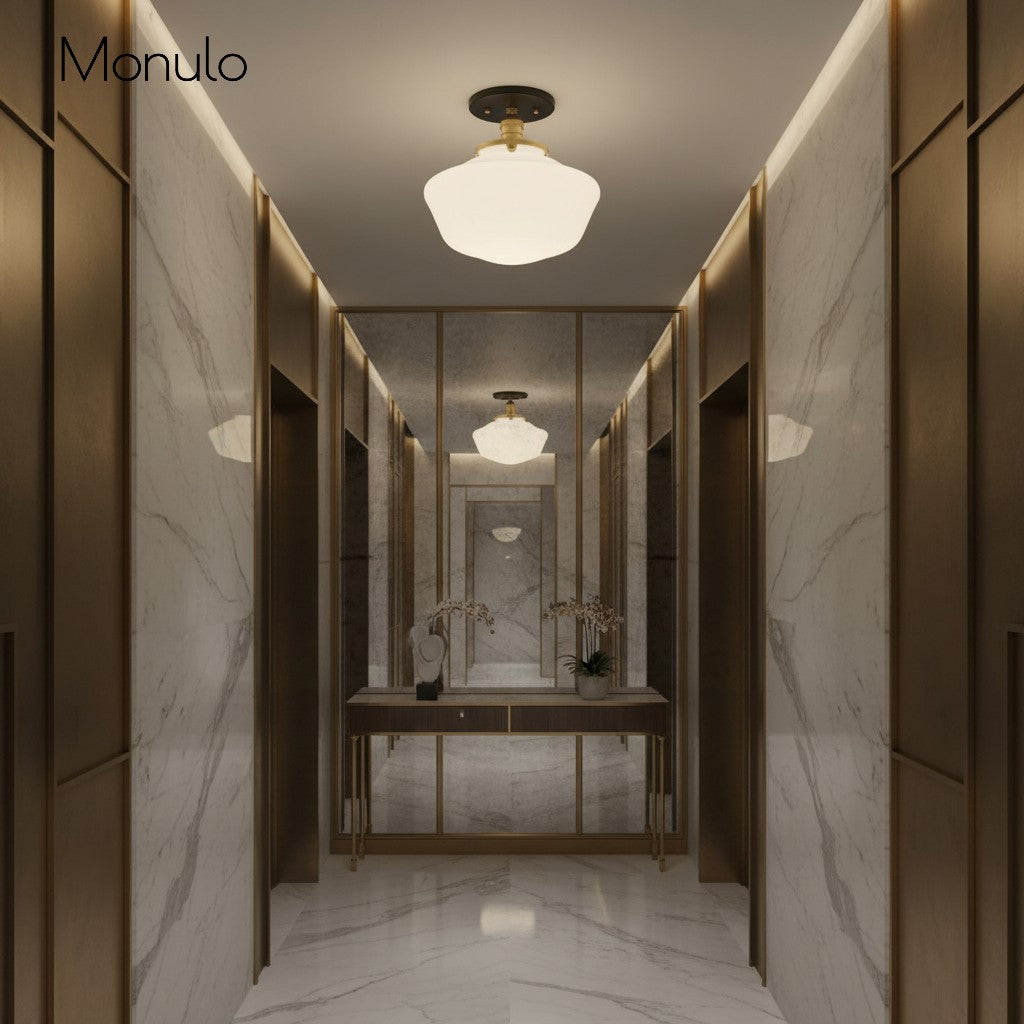 Geotower Rounded Opal Glass Schoolhouse Ceiling Light – Mid-Century Style – Bedroom & Hallway Fixture