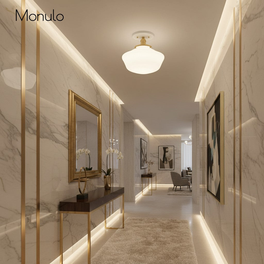 Geotower Rounded Opal Glass Schoolhouse Ceiling Light – Mid-Century Style – Bedroom & Hallway Fixture