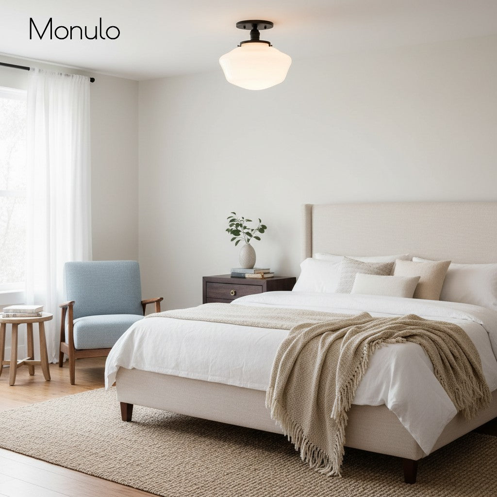 Geotower Rounded Opal Glass Schoolhouse Ceiling Light – Mid-Century Style – Bedroom & Hallway Fixture