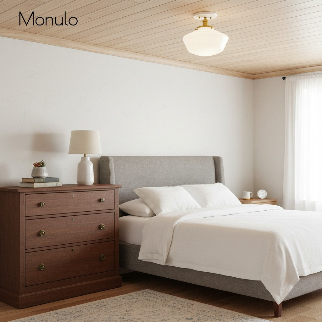 Geotower Rounded Opal Glass Schoolhouse Ceiling Light – Mid-Century Style – Bedroom & Hallway Fixture