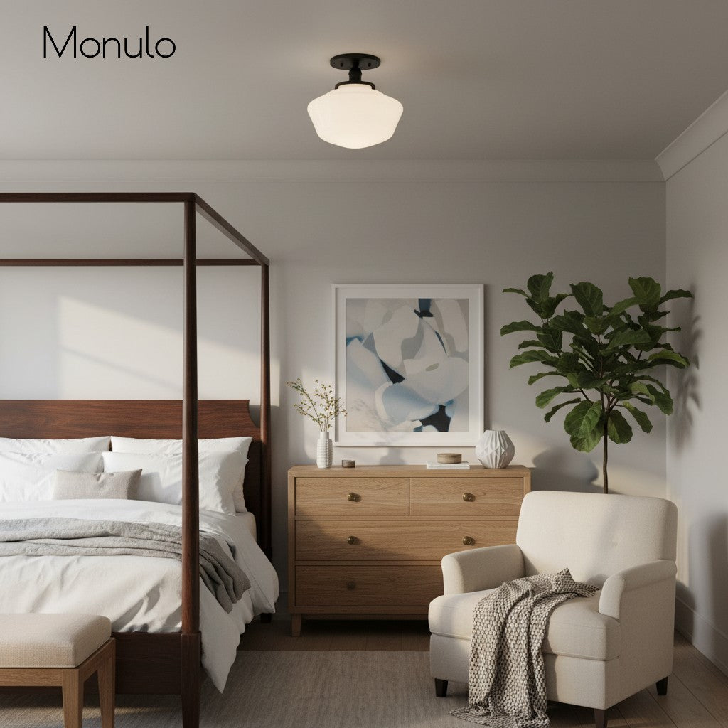 Geotower Rounded Opal Glass Schoolhouse Ceiling Light – Mid-Century Style – Bedroom & Hallway Fixture