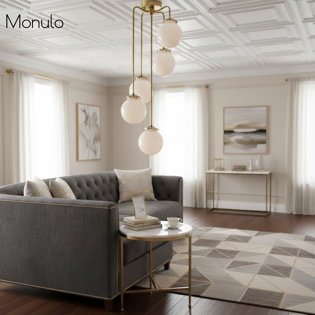 Glorica Glass Modern Brass & Opal Hanging Light Fixture – Contemporary Globe Chandelier for Home