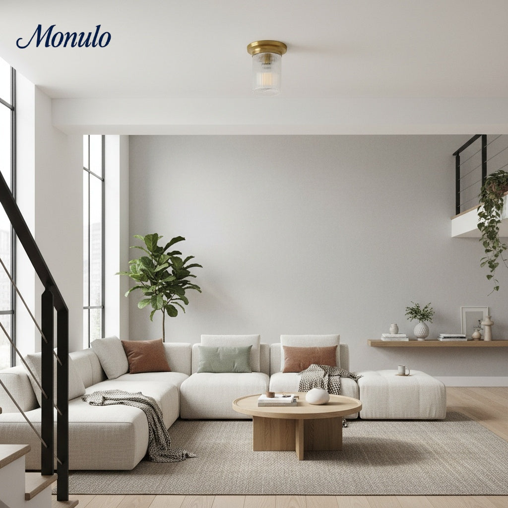 Rivora Textured Ribbed Glass Flush Ceiling Light — Elegant Low-Profile Fixture for Entryways