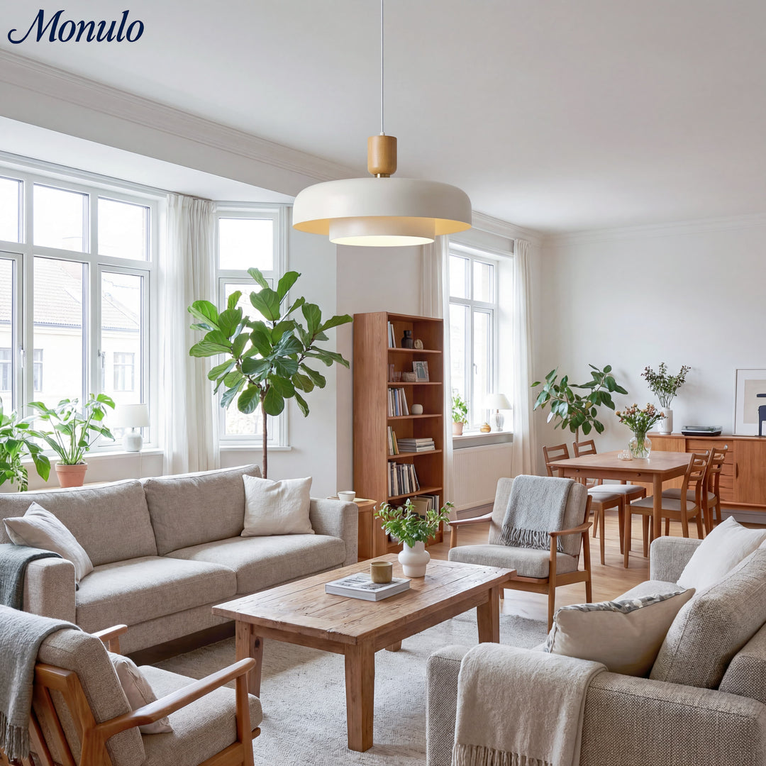 Lámpara colgante moderna minimalista de acabado en madera en capas Oribela para islas y vestíbulos