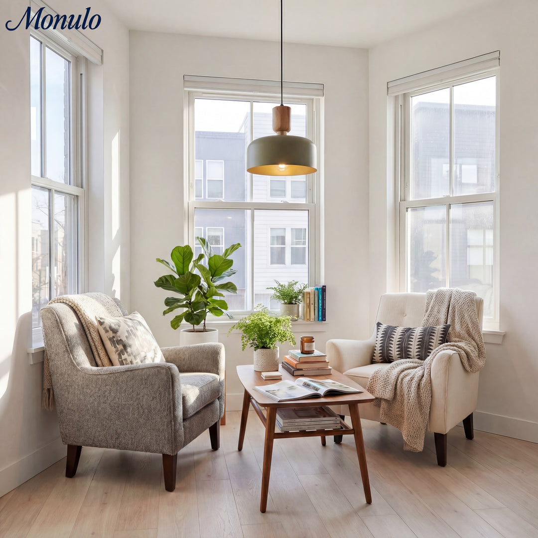 Lámpara colgante moderna minimalista de acabado en madera en capas Oribela para islas y vestíbulos