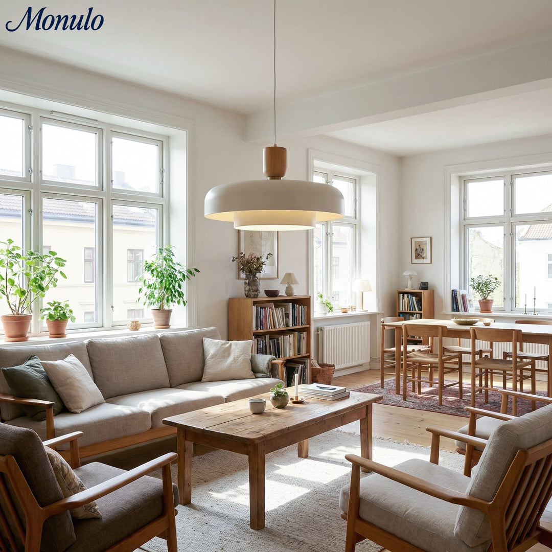 Lámpara colgante moderna minimalista de acabado en madera en capas Oribela para islas y vestíbulos