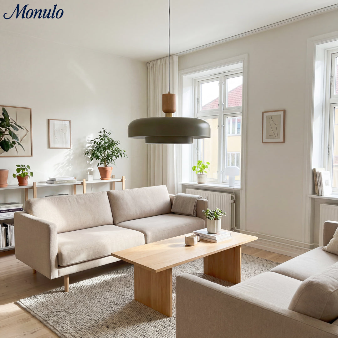 Lámpara colgante moderna minimalista de acabado en madera en capas Oribela para islas y vestíbulos