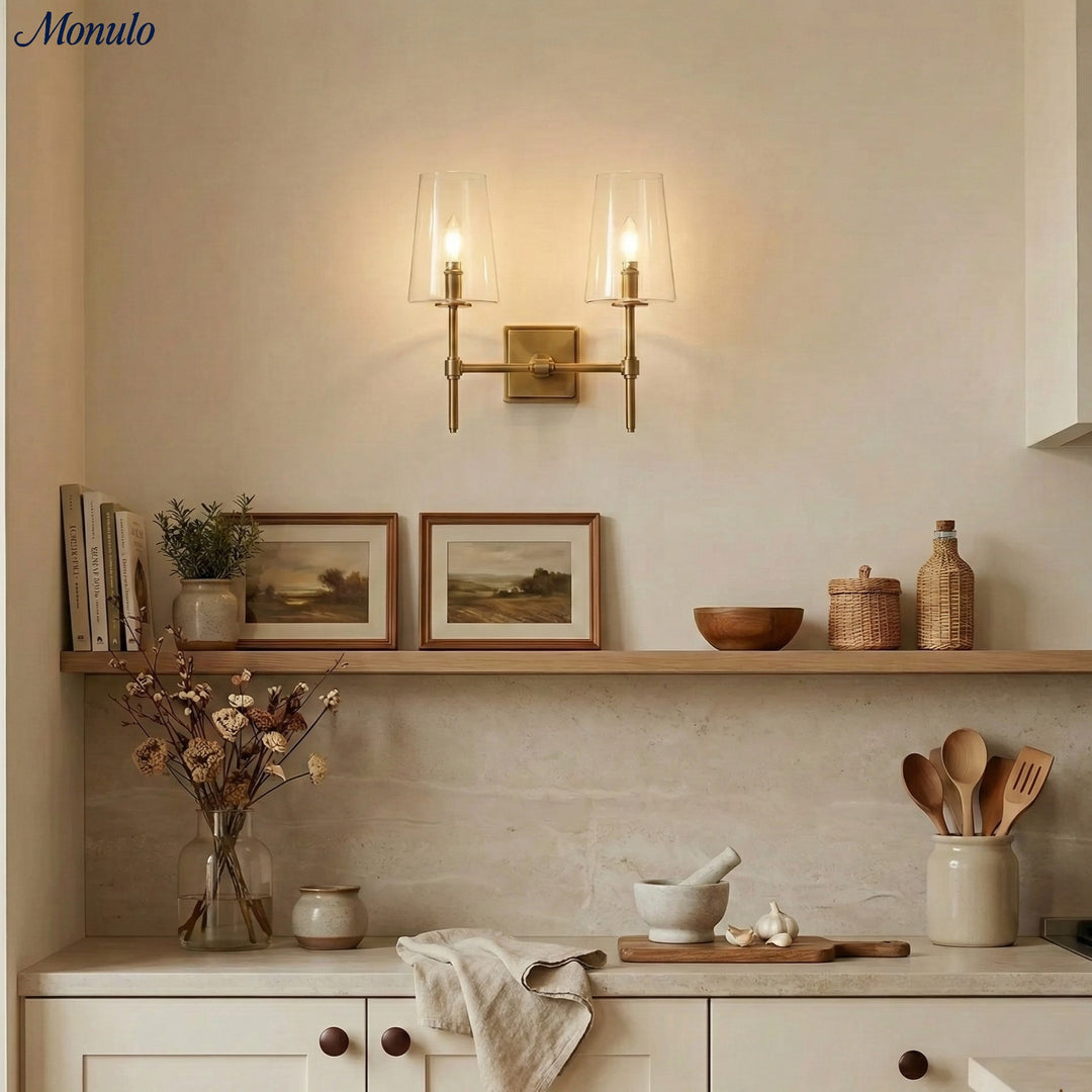 Aplique de vidrio transparente Derlina: elegante aplique para tocador individual o triple