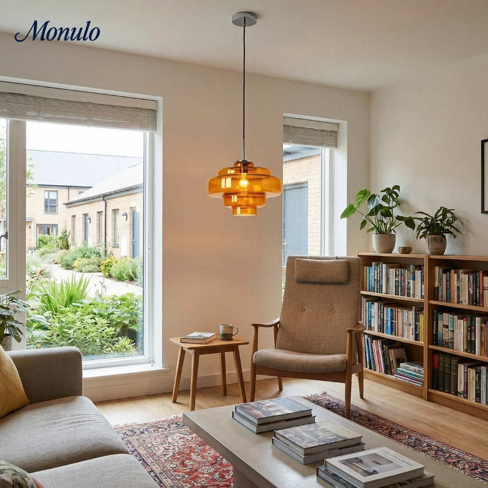 Lámpara colgante Koloro con pantalla de vidrio coloreado: moderna lámpara de suspensión ajustable para interiores.