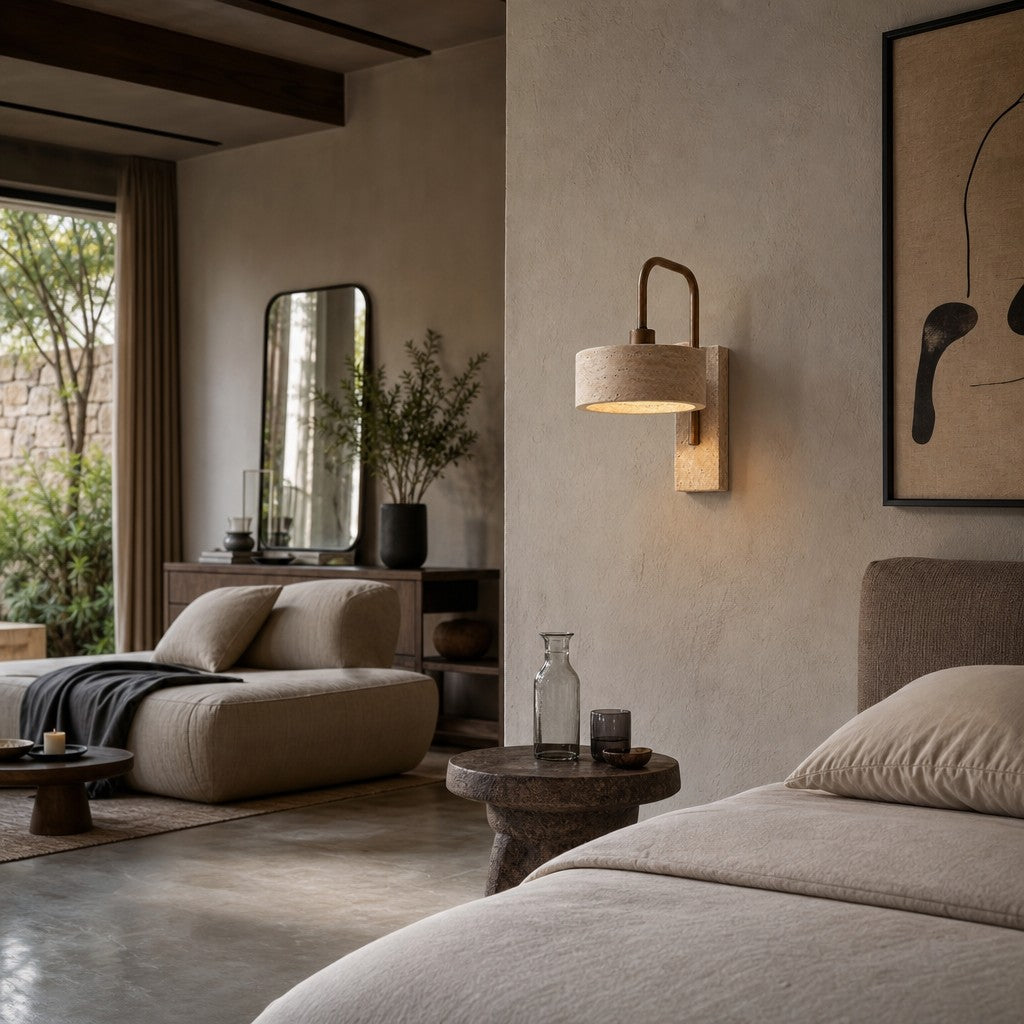 Travira Wabi Sabi Travertine Wall Sconce — Vintage for Bedroom or Living Room