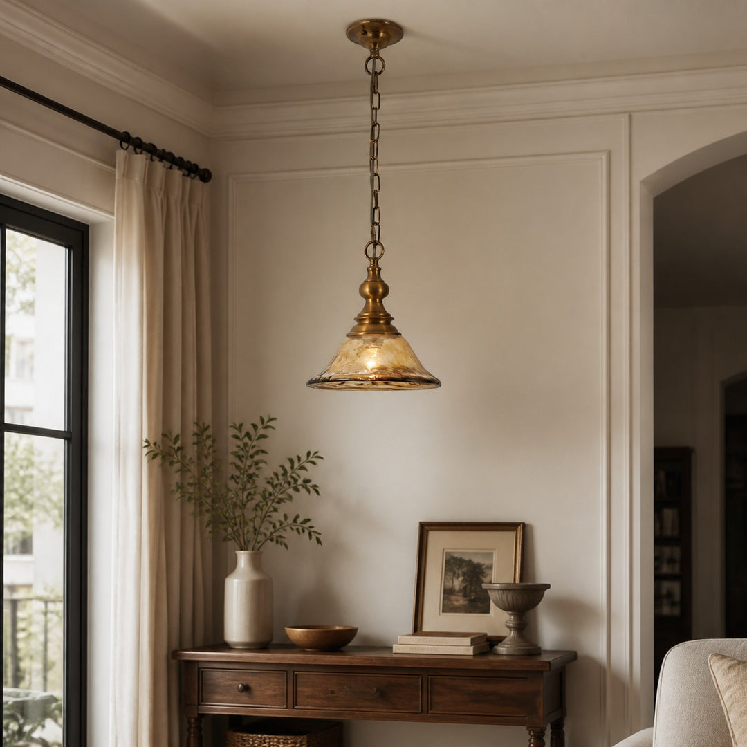 Brass and Amber Glass Mini Pendant Light