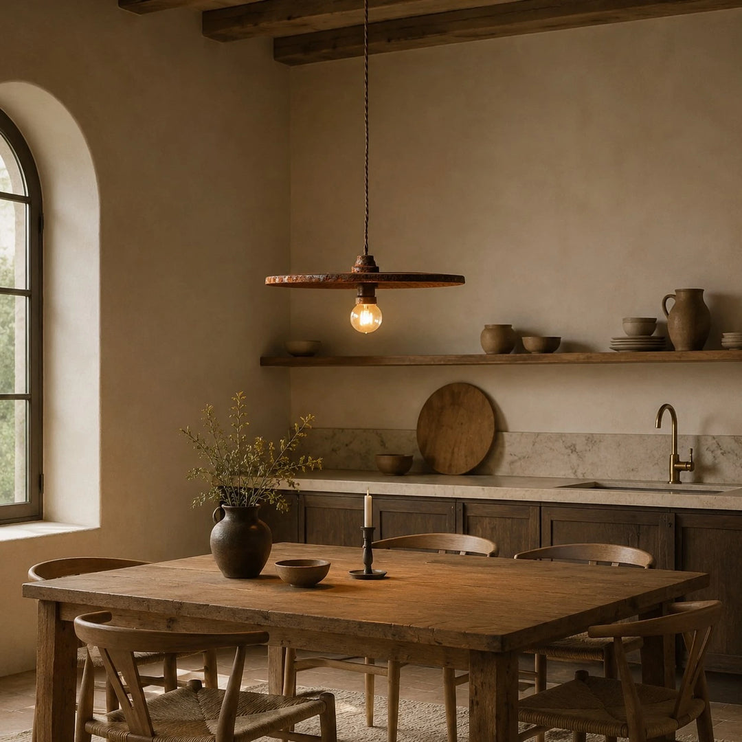 Rust brown pendant light in a rustic kitchen dining space