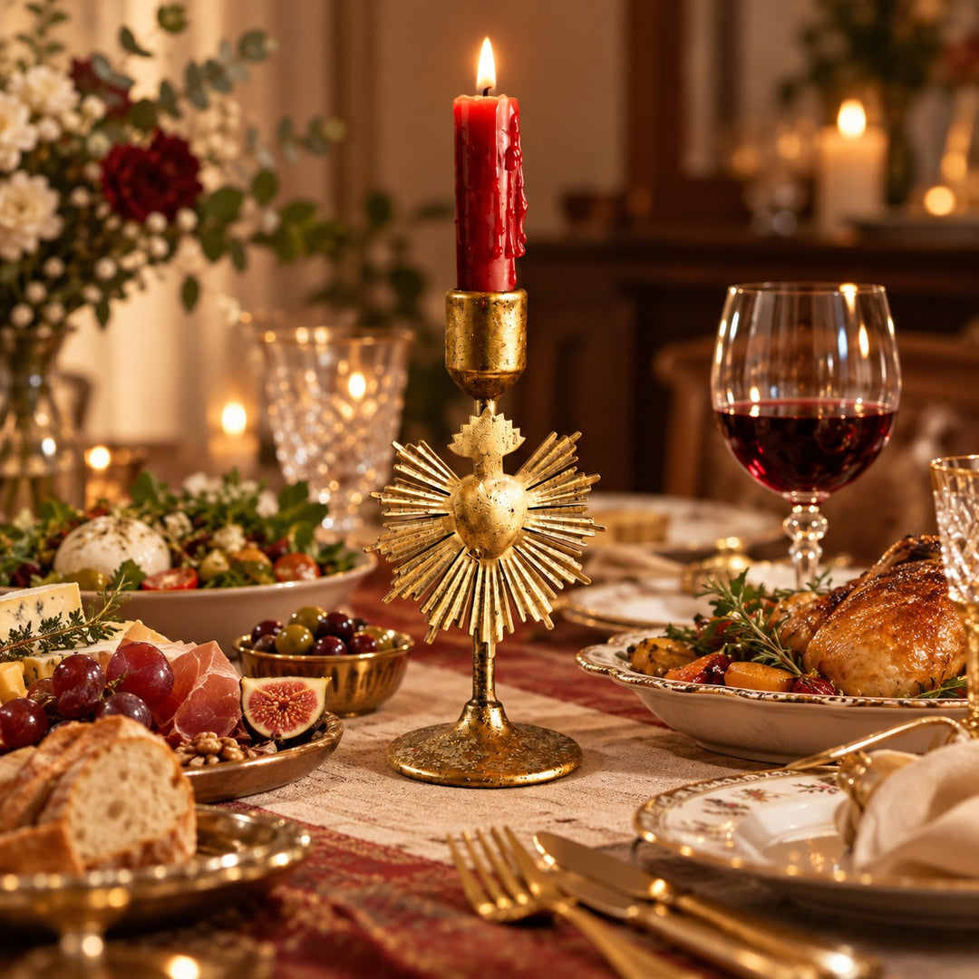 Gold Metal Bow and Milagro Heart Candle Holders