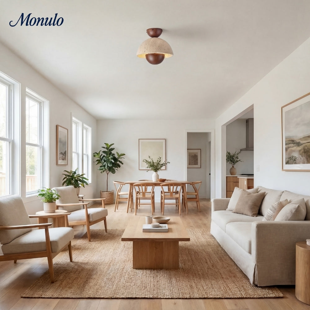 Lámpara de techo de media esfera de travertino y madera estilo Wabi-Sabi