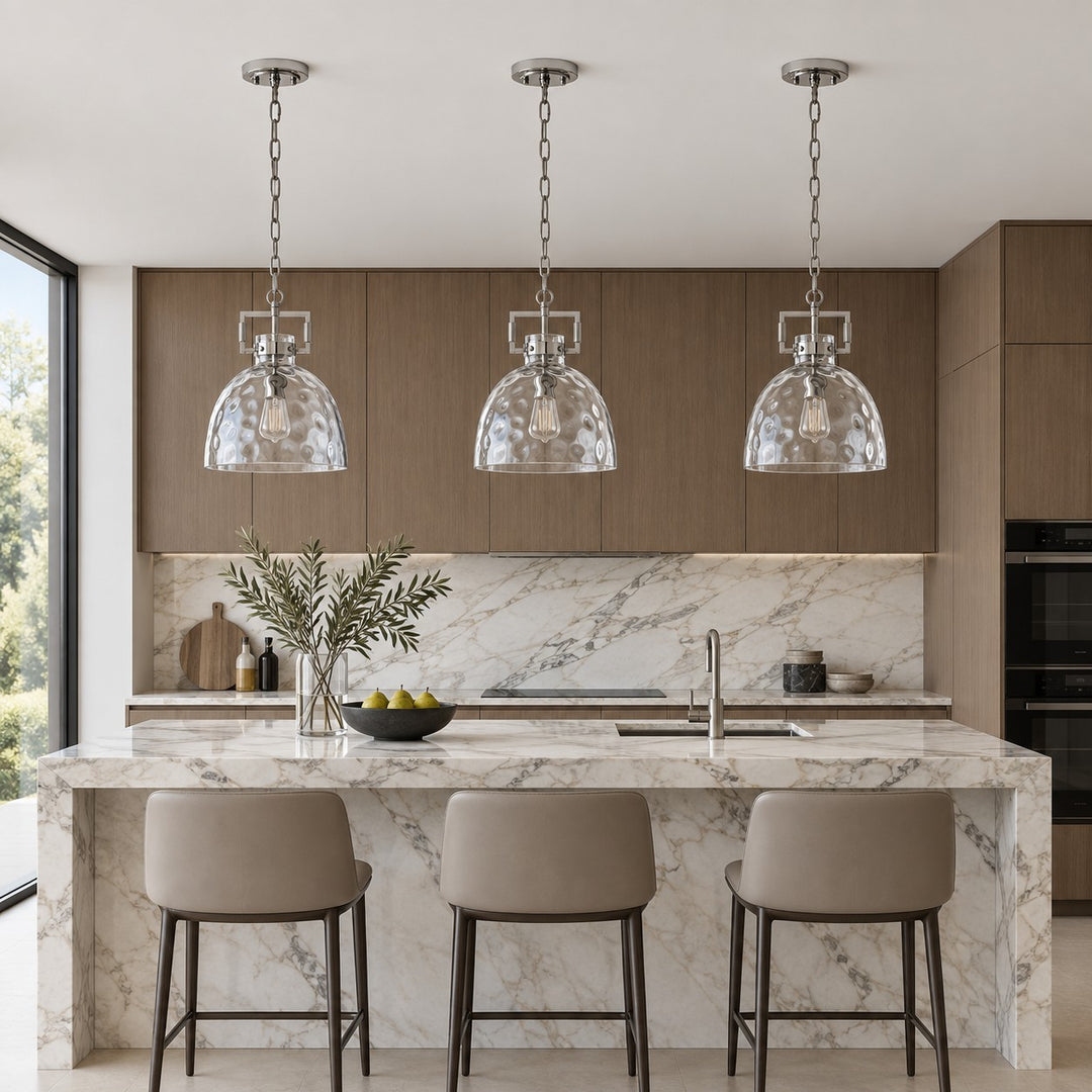 Modern Hammered Glass Pendant Light with Minimalist Metal Design - Suitable for Kitchen Island