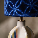 Load image into Gallery viewer, Close view of the blue patterned fabric lampshade texture