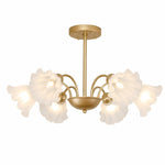 Cargar imagen en el visor de la Galería, Gold-finished iron six-arm floral glass chandelier on a white background