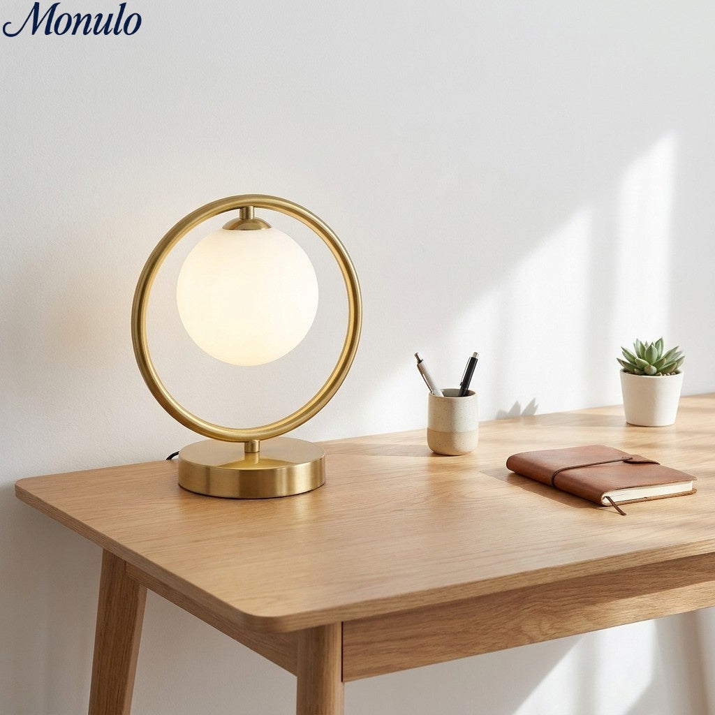 Modern Gold Frame Desk Lamp – Suspended Globe Light for Bedside and Home Office