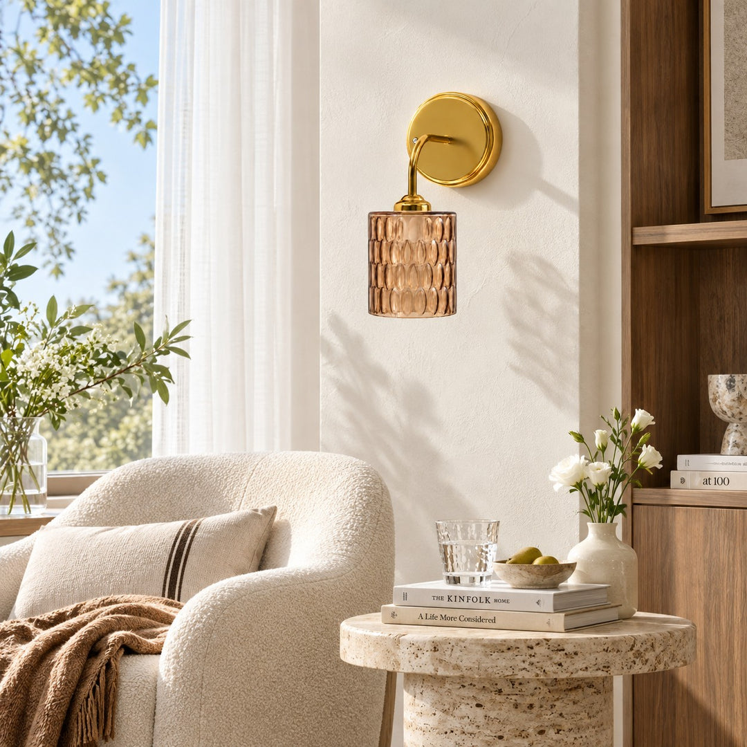 Gold Plate Textured Glass Short Arm Wall Sconce
