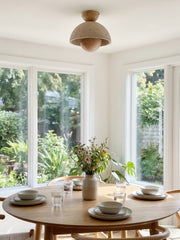 Wabi-Sabi Style Travertine and Wood Half-Sphere Ceiling Light