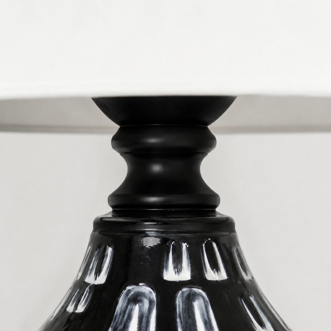 Glossy black ceramic neck detail on table lamp