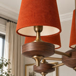 Charger l'image dans la visionneuse de galerie, Close-up of the warm red velvet shade and walnut-toned lamp holder