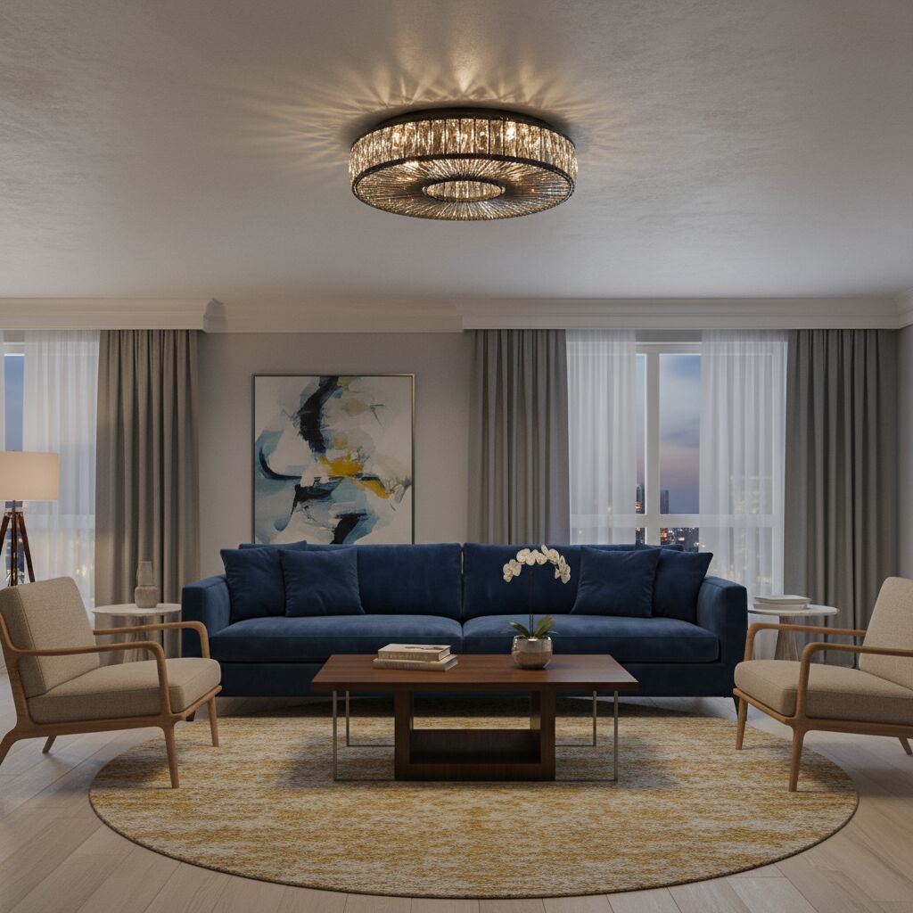 Glomar Glass Round Flush Ceiling Light - Modern Metal Glass Finish Living Areas