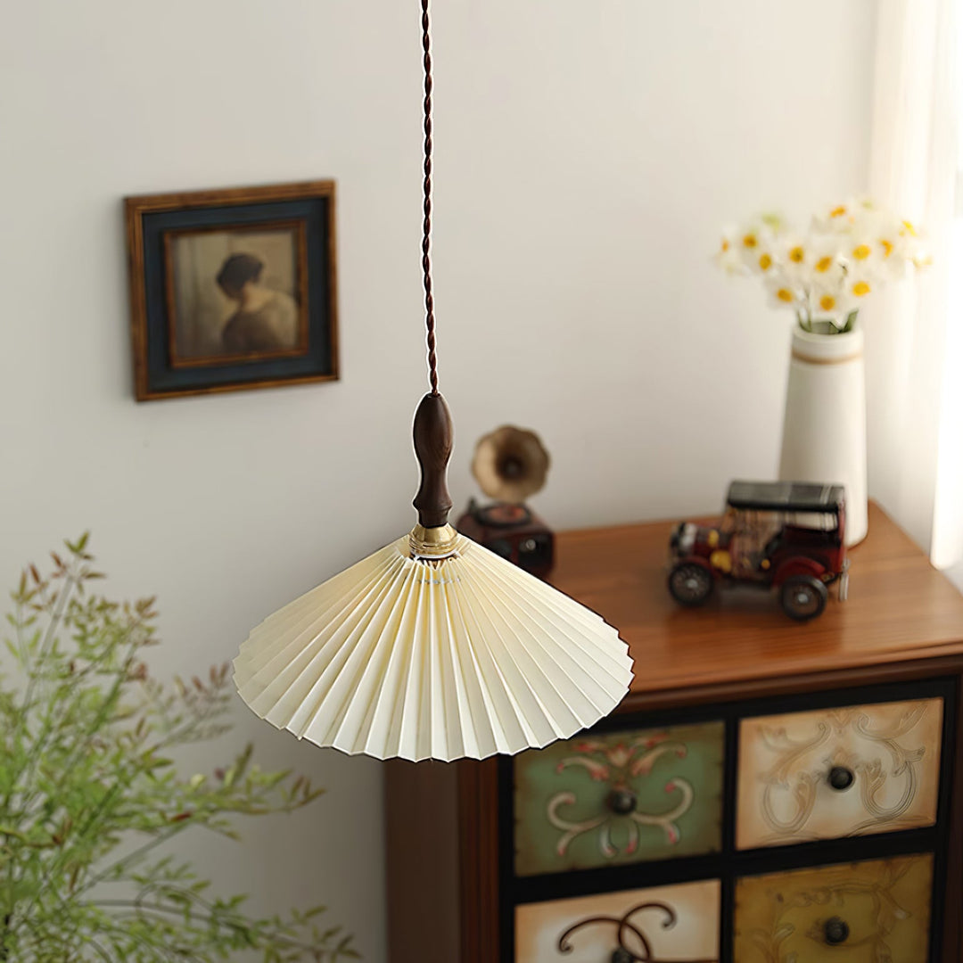 White Fabric Walnut Brass Plug-In Pendant