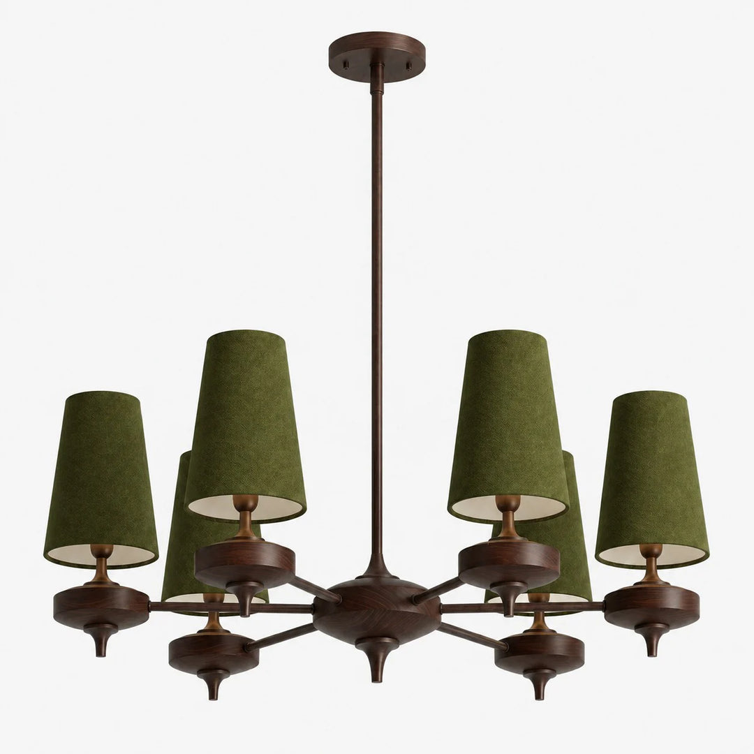 6-light Hour Rho chandelier with green velvet shades