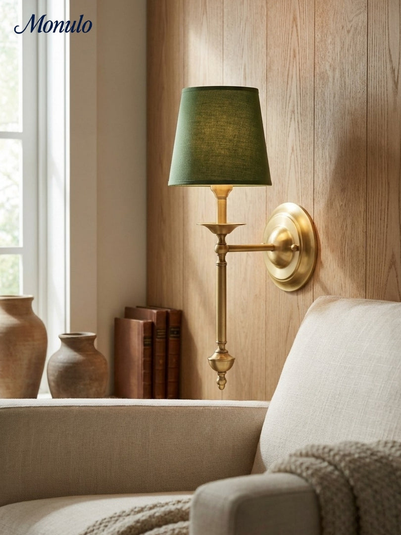 Aplique de pared con pantalla de tela Rowan en cobre antiguo: lámpara vintage de lujo para interiores 