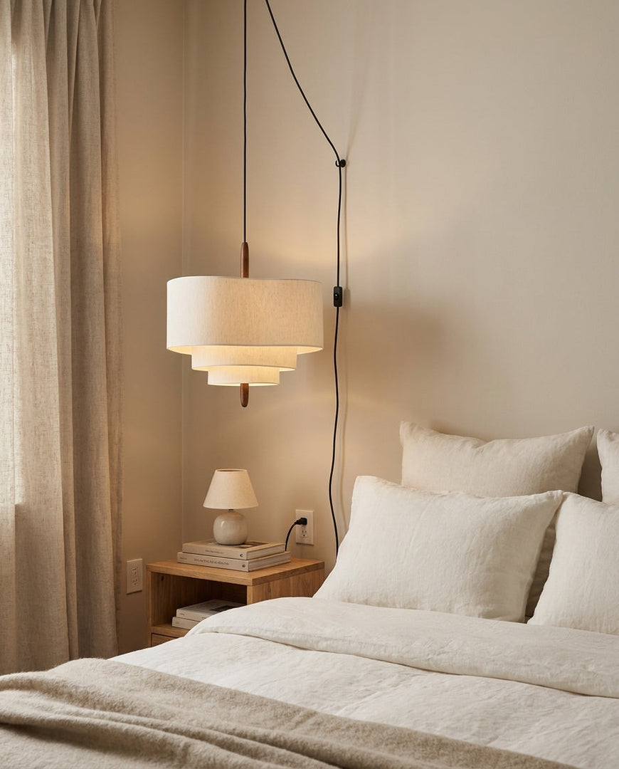 Tiered Fabric Wood Plug-In Swag Pendant