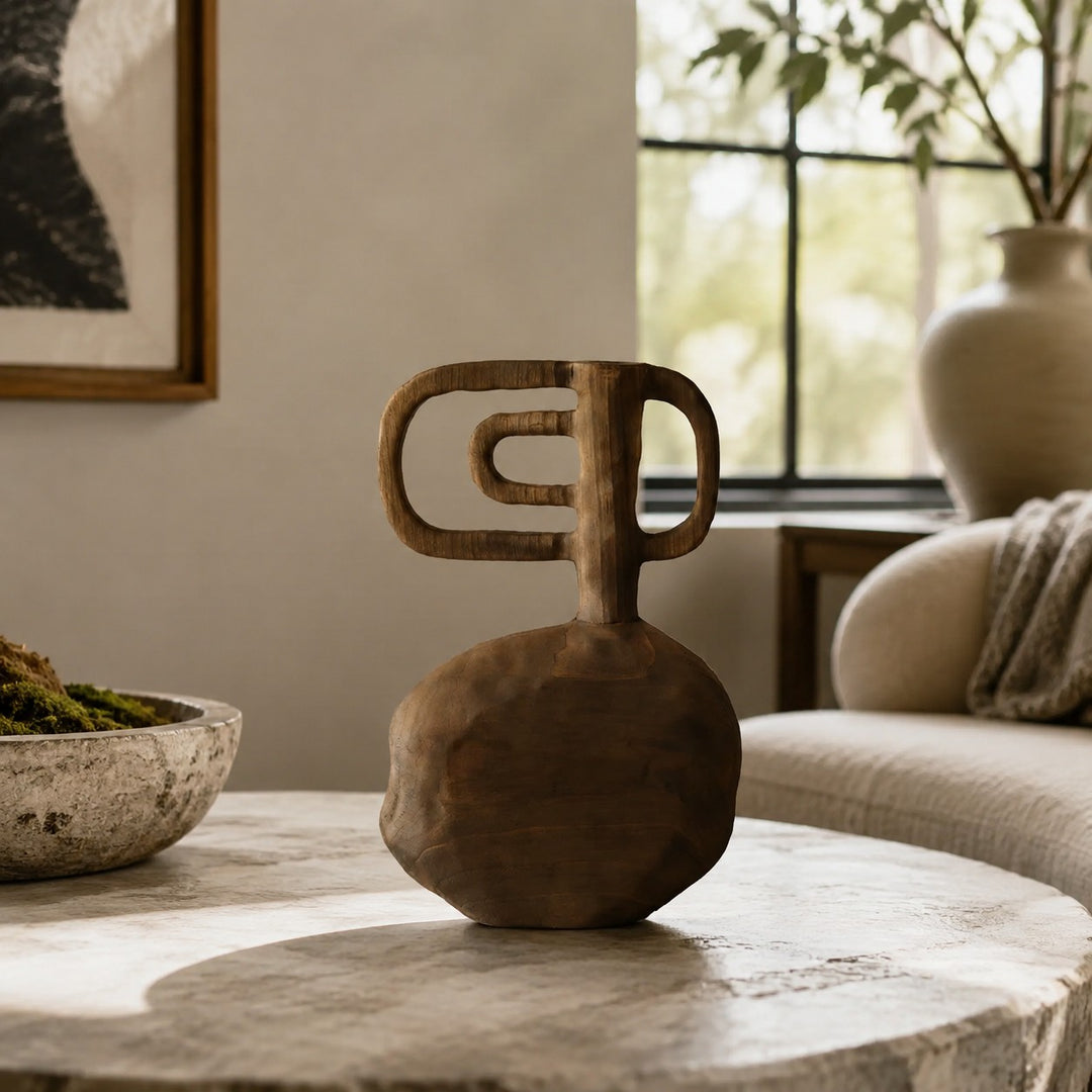 Hand-Carved Solid Wood Sculptural Vase