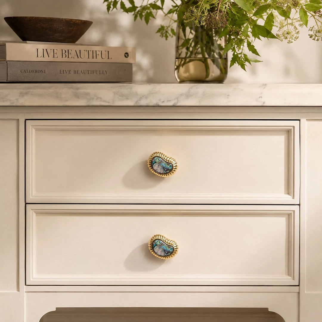 French Vintage Cashew Shell Brass Cabinet Knobs and Pulls - image 18