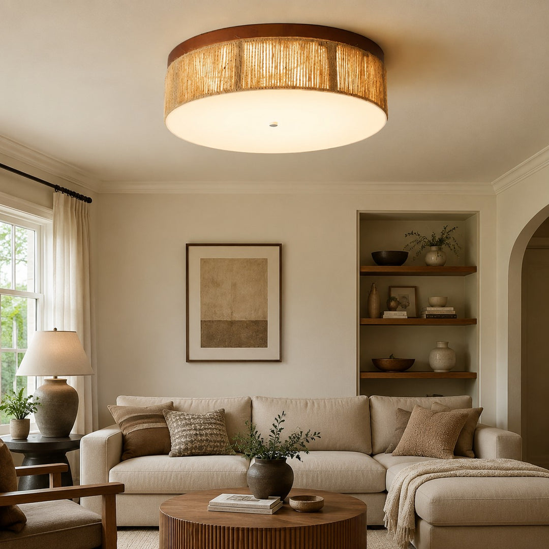 Wabi-Sabi Solid Wood and Woven Rope LED Flush Mount Ceiling Light